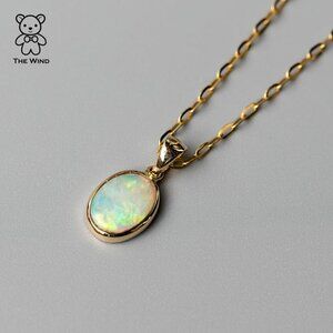 Oval Shaped Australian Solid Opal Necklace 14k Yellow Gold